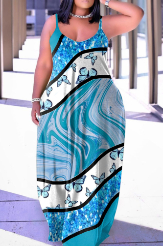 Blue Sexy Print Backless Spaghetti Strap Dresses