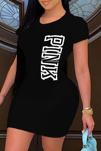 Black Casual Print Letter O Neck One Step Skirt Plus Size Dresses
