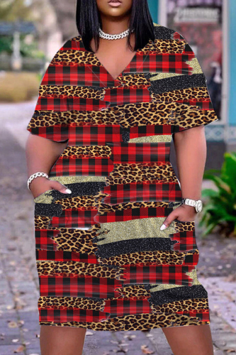 Red Casual Print Basic V Neck Short Sleeve Dress