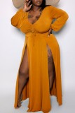 Yellow Casual Solid Slit V Neck Long Sleeve Plus Size Rompers