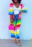 Multicolor Women Rainbow Multicolor Striped Long Cardigan Outwear Coats