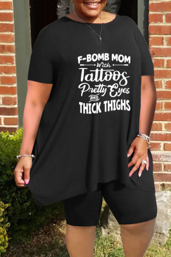 Black Casual Print Patchwork O Neck Plus Size Two Pieces