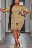 Khaki Casual Solid Bandage Patchwork With Belt Off the Shoulder Plus Size Two Pieces