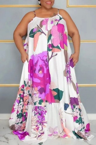 Rose Red Casual Print Backless Spaghetti Strap Long Dress Plus Size Dresses