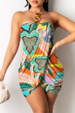 Apricot Sexy Casual Print Patchwork Backless Strapless Sleeveless Dress Dresses