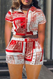 Red Casual Print Patchwork Zipper Collar Short Sleeve Two Pieces