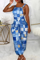 Blue Sexy Print Patchwork Backless Straight Jumpsuits