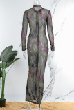 Army Green Sexy Print Patchwork Shirt Collar Long Dress (Only One Dress)