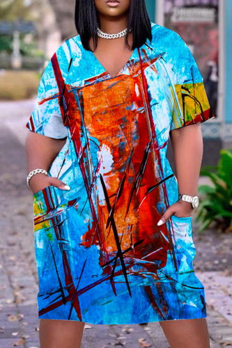 Blue Casual Print Basic V Neck Short Sleeve Dress