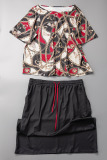 Khaki Casual Daily Print Basic Off the Shoulder Plus Size Two Pieces