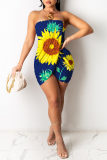 Blue Sexy Casual Print Patchwork Backless Strapless Sleeveless Dress Dresses