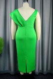 Green Sexy Casual Solid Patchwork V Neck One Step Skirt Dresses