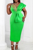 Green Sexy Casual Solid Patchwork V Neck One Step Skirt Dresses