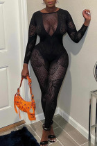 Black Sexy Solid Patchwork See-through O Neck Skinny Jumpsuits