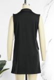 Black Casual Solid Patchwork Buckle Turn-back Collar Sleeveless Two Pieces