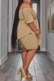 Khaki Casual Solid Bandage Patchwork With Belt Off the Shoulder Plus Size Two Pieces
