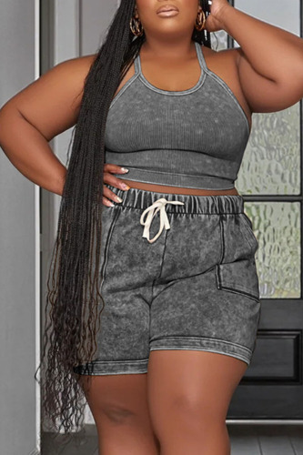 Black Casual Print Patchwork Spaghetti Strap Plus Size Two Pieces