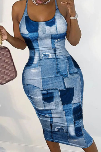 Dark Blue Sexy Print Patchwork Backless Spaghetti Strap Pencil Skirt Dresses
