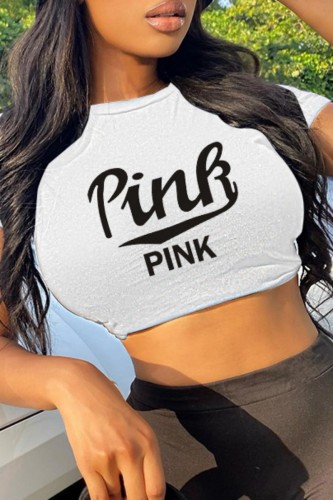 White Casual Letter Print Basic O Neck T-Shirts