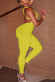 Yellow Sexy Solid Hollowed Out Backless Spaghetti Strap Skinny Jumpsuits