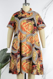 Red Casual Print Patchwork Turndown Collar Straight Plus Size Dresses