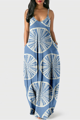 Baby Blue Casual Street Print U Neck Lantern Skirt Dresses