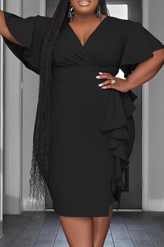 Black Casual Solid Patchwork Flounce Asymmetrical V Neck One Step Skirt Plus Size Dresses
