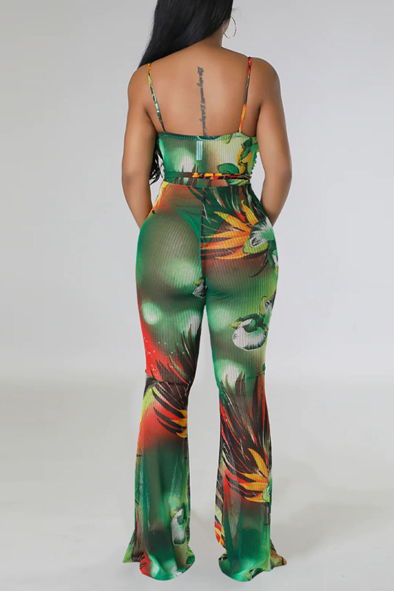 Wholesale Green Sexy Print Bandage Patchwork Spaghetti Strap Regular Jumpsuits K77843 2 Online 9936