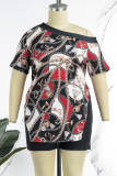 Grey Sexy Casual Print Patchwork One Shoulder Short Sleeve Two Pieces