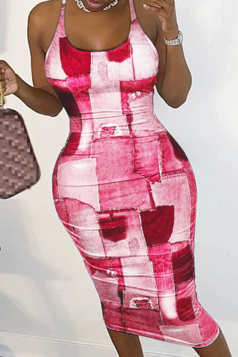 Pale Red Sexy Print Patchwork Backless Spaghetti Strap Pencil Skirt Dresses