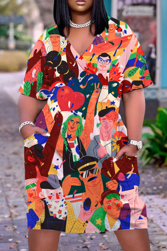 Multicolor Casual Print Patchwork V Neck Short Sleeve Dress