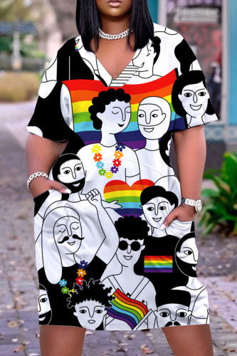 Black White Casual Print Patchwork V Neck Short Sleeve Dress