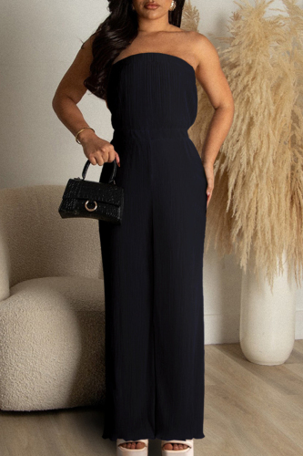 Black Sexy Solid Patchwork Fold Strapless Straight Jumpsuits