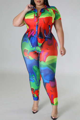Red Casual Street Print Patchwork Buckle Asymmetrical Turndown Collar Plus Size Two Pieces