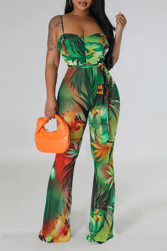 Green Sexy Print Bandage Patchwork Spaghetti Strap Regular Jumpsuits