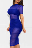 Blue Sexy Solid Patchwork See-through Fold O Neck Pencil Skirt Dresses(Three Pieces)
