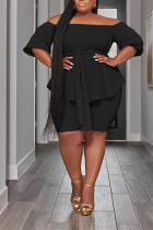 Black Plus Size Casual Simplicity Solid With Belt Solid Color Off the Shoulder Plus Size Two Pieces