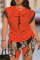 Tangerine Red Casual Print Patchwork O Neck Short Sleeve Two Pieces