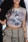 Grey Casual Print Basic O Neck Tops
