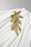 White Casual Daily Solid Appliques Beading O Neck Long Dress Dresses