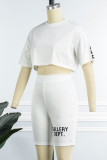 White Casual Letter Print Basic Oblique Collar Half Sleeve Two Pieces