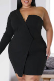 Black Casual Elegant Solid Patchwork V Neck Wrapped Skirt Plus Size Dresses