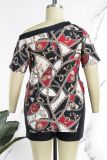 Camouflage Sexy Casual Print Patchwork One Shoulder Short Sleeve Two Pieces