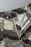 Army Green Casual Street Print Patchwork Straight High Waist Straight Full Print Bottoms