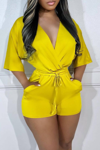 Yellow Casual Solid Bandage Patchwork V Neck Straight Rompers