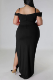 Black Sexy Elegant Solid Patchwork Flounce Slit Spaghetti Strap Irregular Dress Plus Size Dresses
