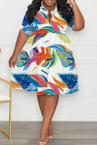 Red Casual Print Patchwork Fold Turndown Collar A Line Plus Size Dresses