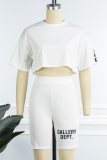 White Casual Letter Print Basic Oblique Collar Half Sleeve Two Pieces