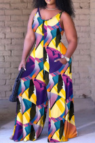 Purple Yellow Casual Street Print Spaghetti Strap Loose Jumpsuits