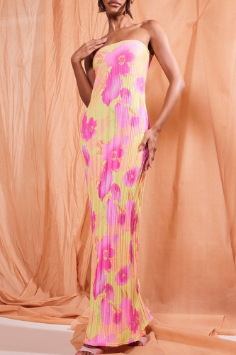 Pink Sexy Print Patchwork Fold Strapless Pencil Skirt Dresses